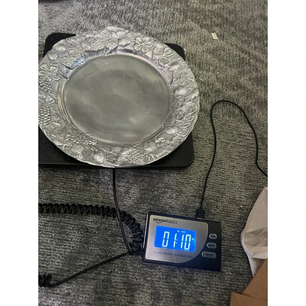 VTG Serving Platter Embossed Strawberries Floral Pewter Style Metal Charger 11.5